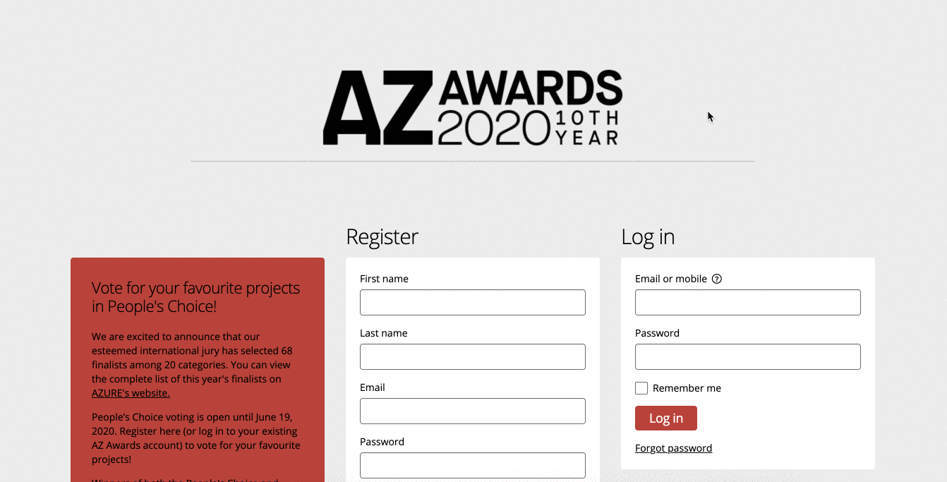 AZ awards registration page