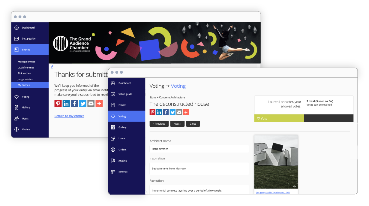 Awards management social sharing