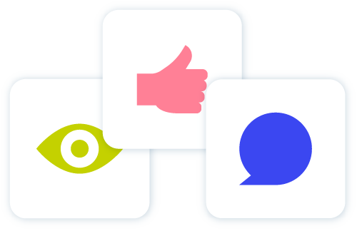 Image of a green eye pink and and blue speech bubble