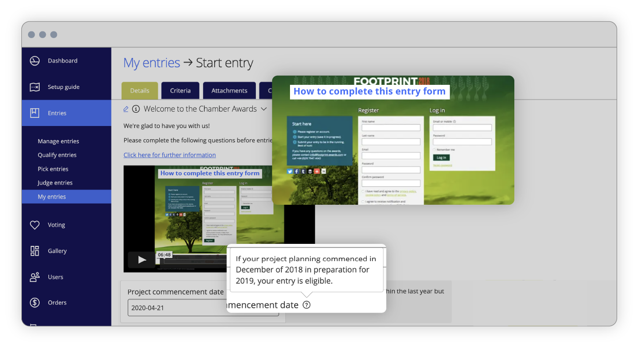 Awards Management Schnittstelle für Hinweise