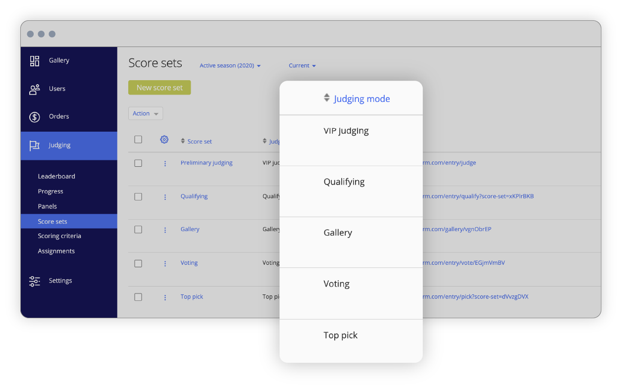 Awards Management Schnittstelle für Bewertungsmodi