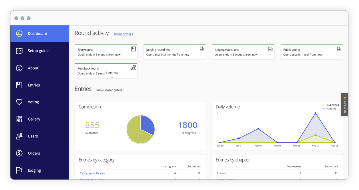 Awards management interface of of dashboard