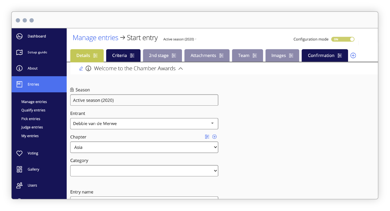 Awards management software entries