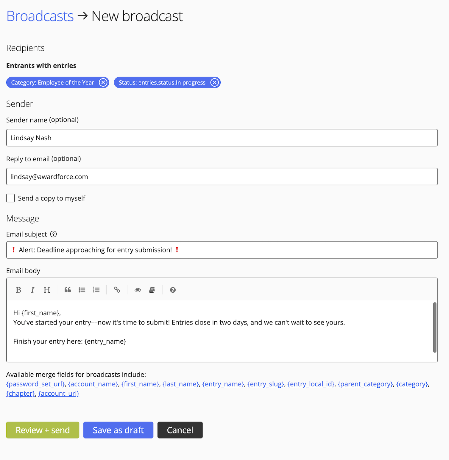 Awards email reminders