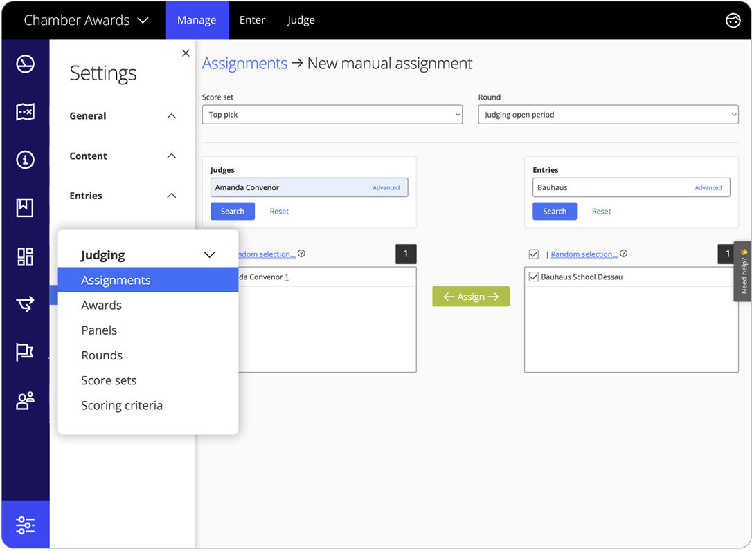 Awards management software judging manual assignments