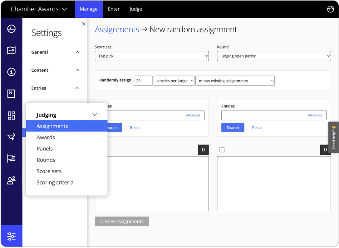 Awards management software judging assignment