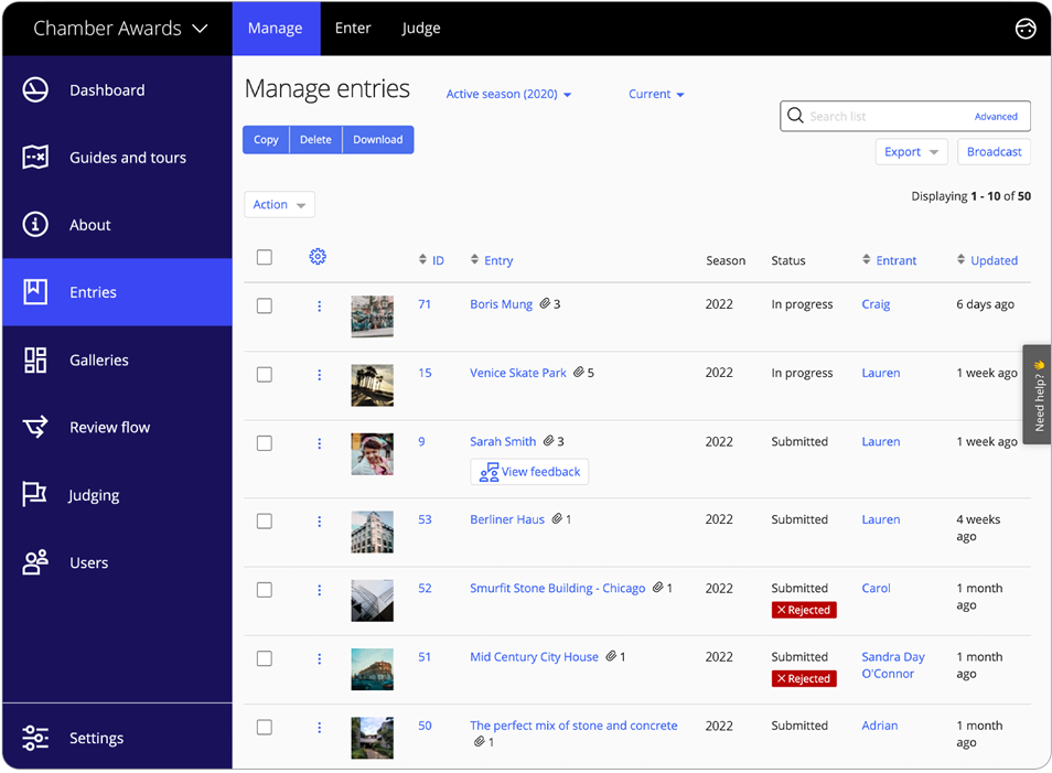 Awards management software judge entries