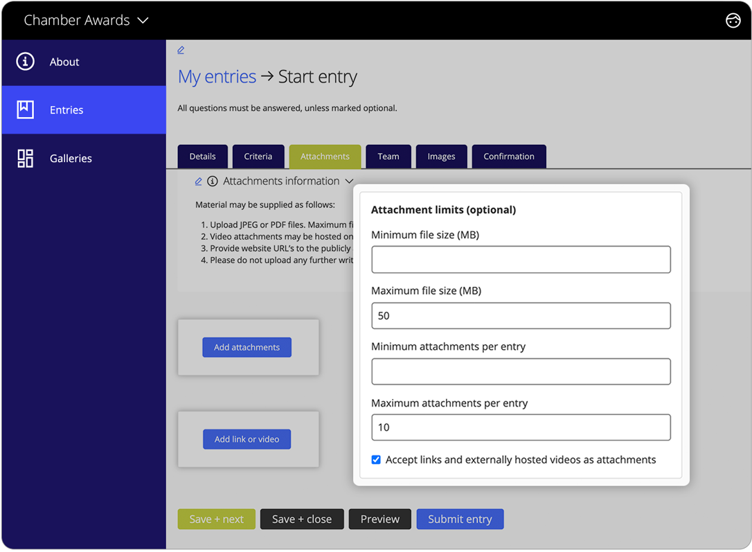 Awards management software attachments