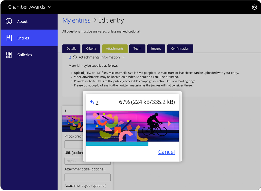 Awards management software attachments upload status