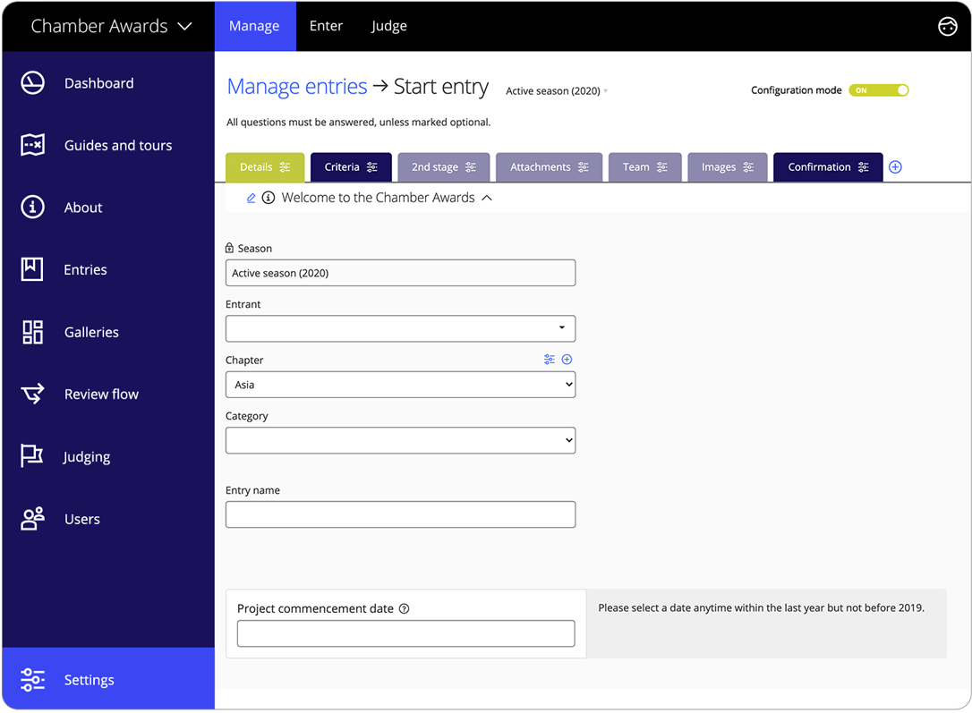 Eingabeformulare für Award-Management-Software