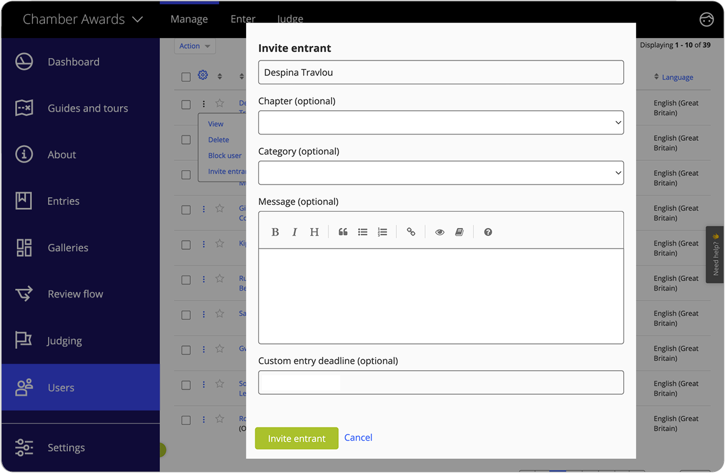 Schnittstelle, die ein Formular zur Einladung einer Teilnehmenden zeigt
