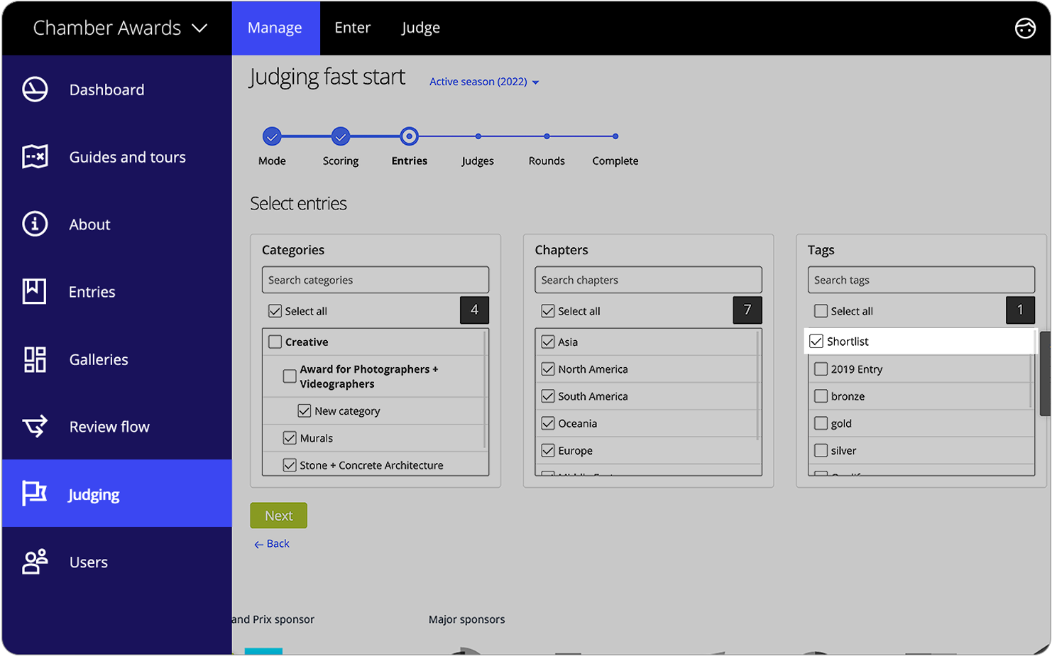Interface showing options to select the entries that you want to be judge