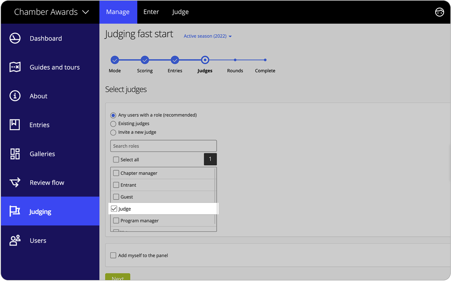 Interface showing the fourth step of judging fast start - selecting your judges