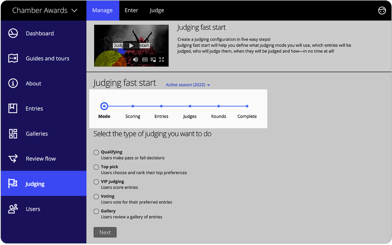 Interface showing the judging fast start setup wizard