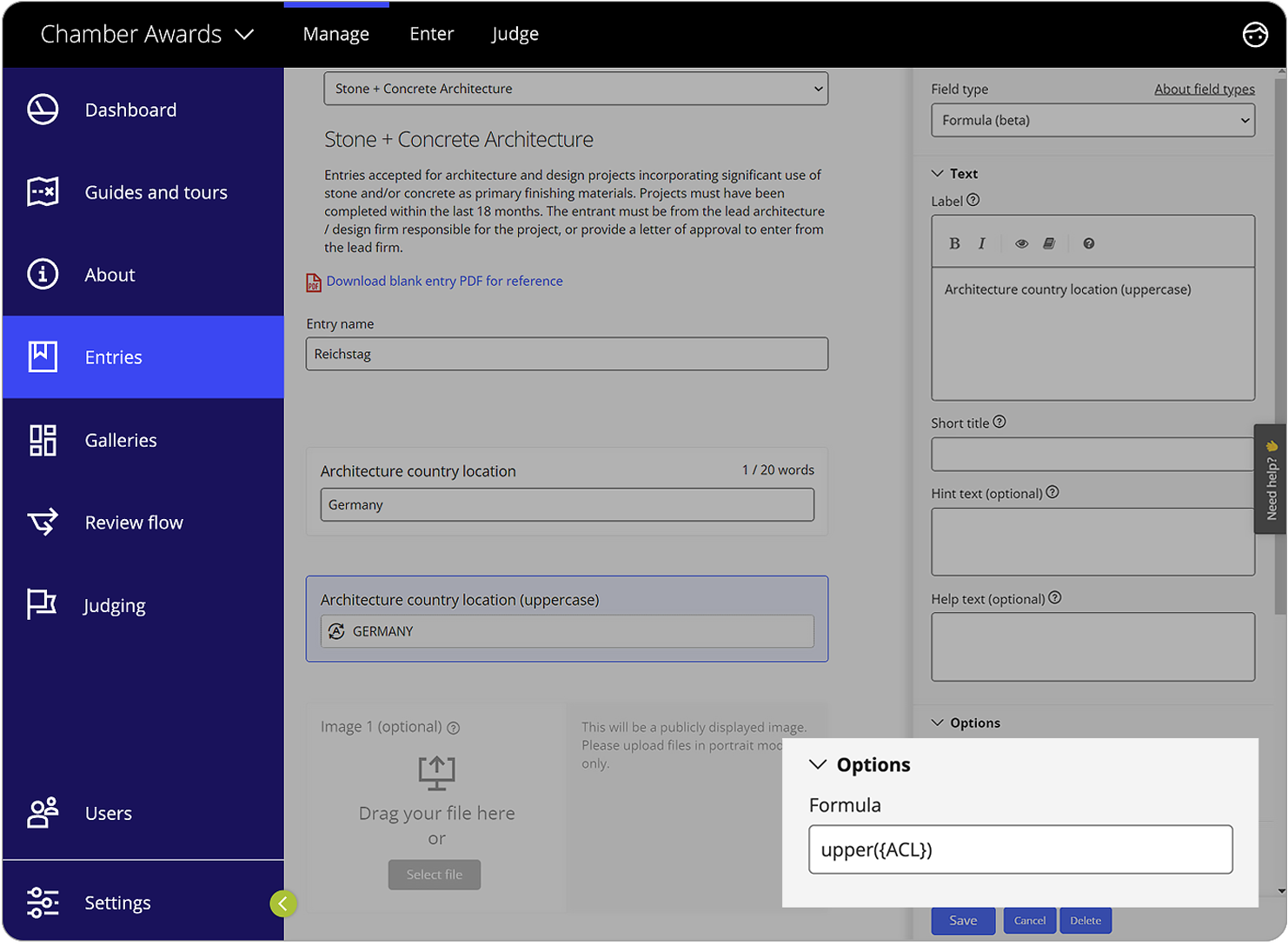 Award Force interface showing what is the field to use to configure a formula in the entry form builder