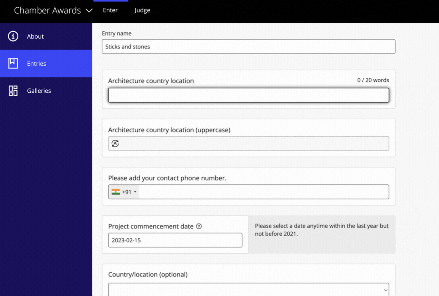Award Force interface live displaying how an entrant's input gets automatically capitalized using a formula field