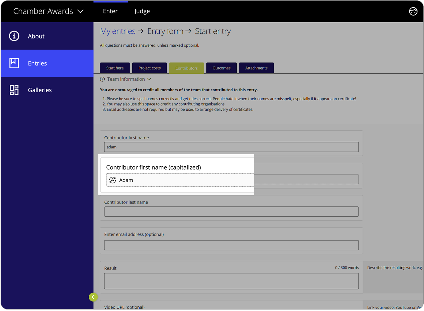 An Award Force entrant view of a text input field and how the proper formula automatically capitalizes the first letter of that input