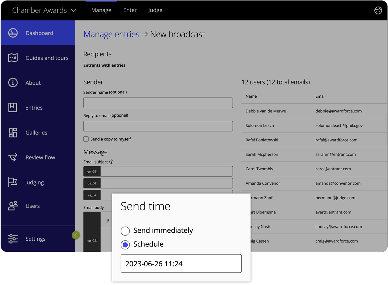 UI of Award Force broadcast email