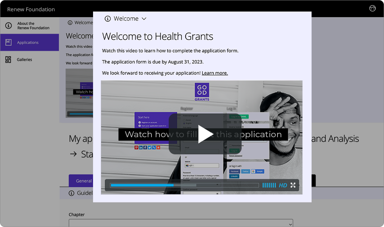 Good Grants interface showing help text with a video for the applicant on how to get started.