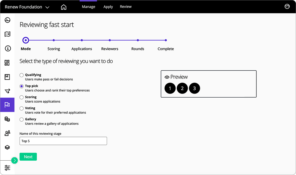 Good Grants interface showing the reviewing fast start functionality.