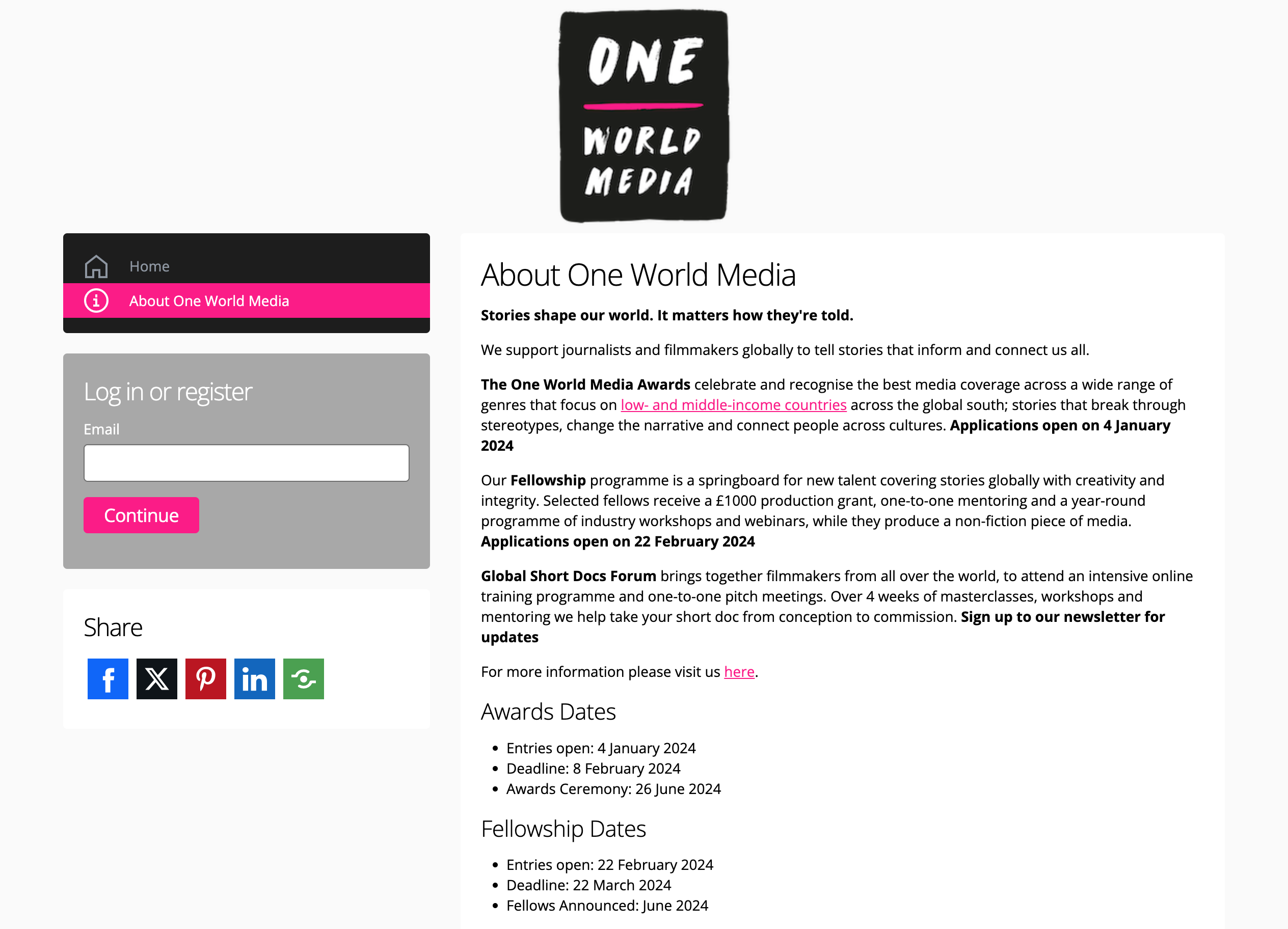 One World Media Awards login page page