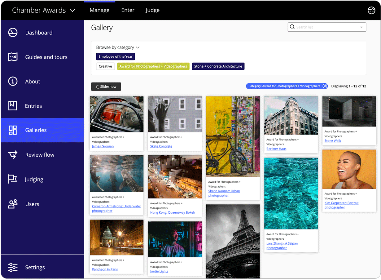 Award Force interface showing a gallery of the entries' images