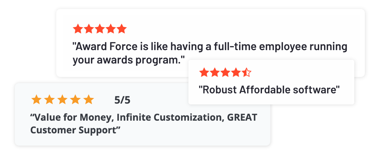 Three client reviews from G2 and Capterra:<br />
"Award Force is like having a full-time employee running your awards program."<br />
"Robust Affordable software"<br />
"Value for Money, Infinite Customisation, GREAT<br />
Customer Support"