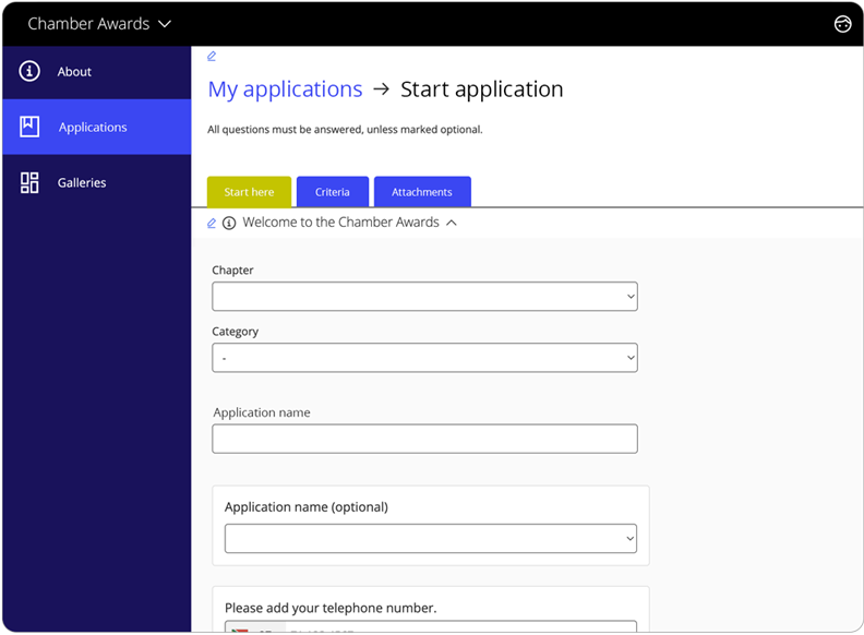 Award Force interface showing the applicants view of starting an application. 