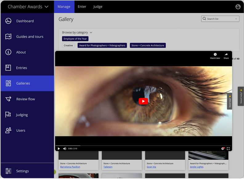 Award Force interface showing that entrants can attach HD media to their entries.