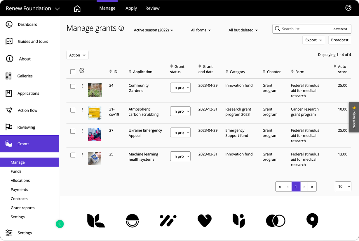Good Grants interface showing the Manage Grants view with a list of grant application.