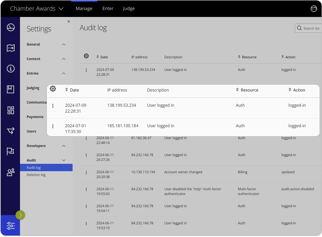 Award Force Benutzeroberfläche zeigt Audit-Log