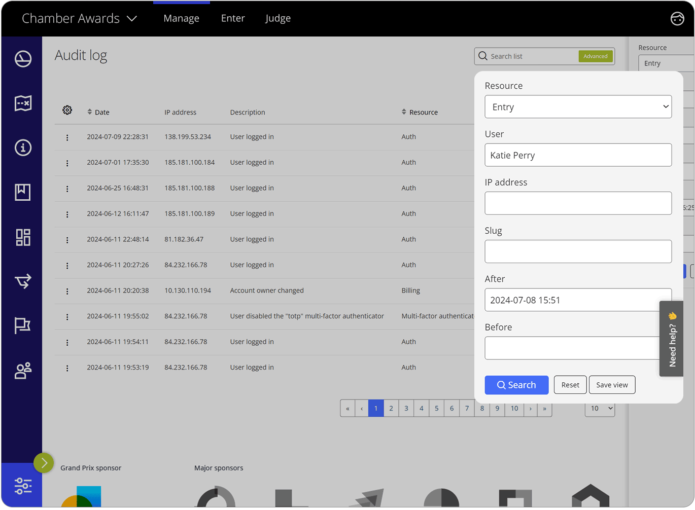 Award Force-Oberfläche mit erweiterter Suche im Audit-Log