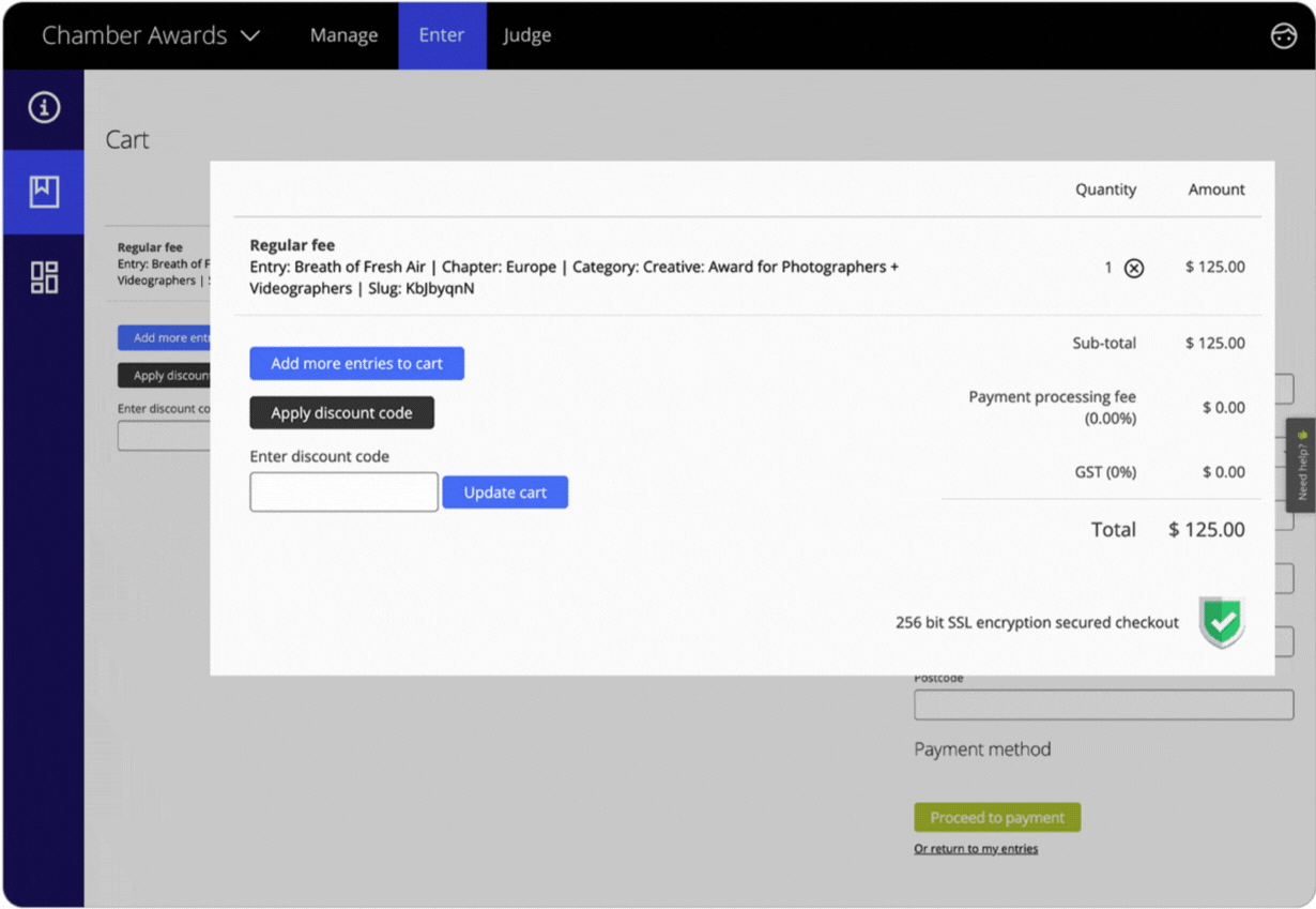 Award Force interface showing an applicant applying an Early Bird discount code to his application 