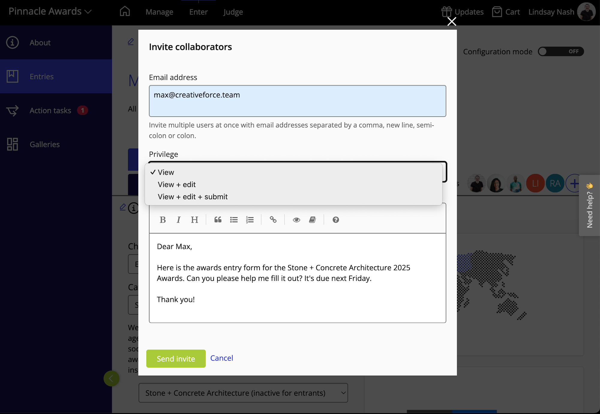 Screenshot: Inviting contributors in Award Force