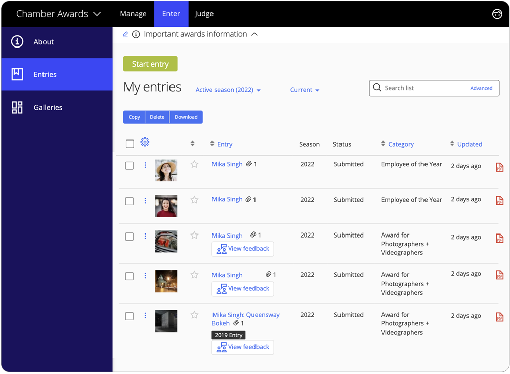 The Award Force interface allows the entrant to manage their entries directly on the platform.