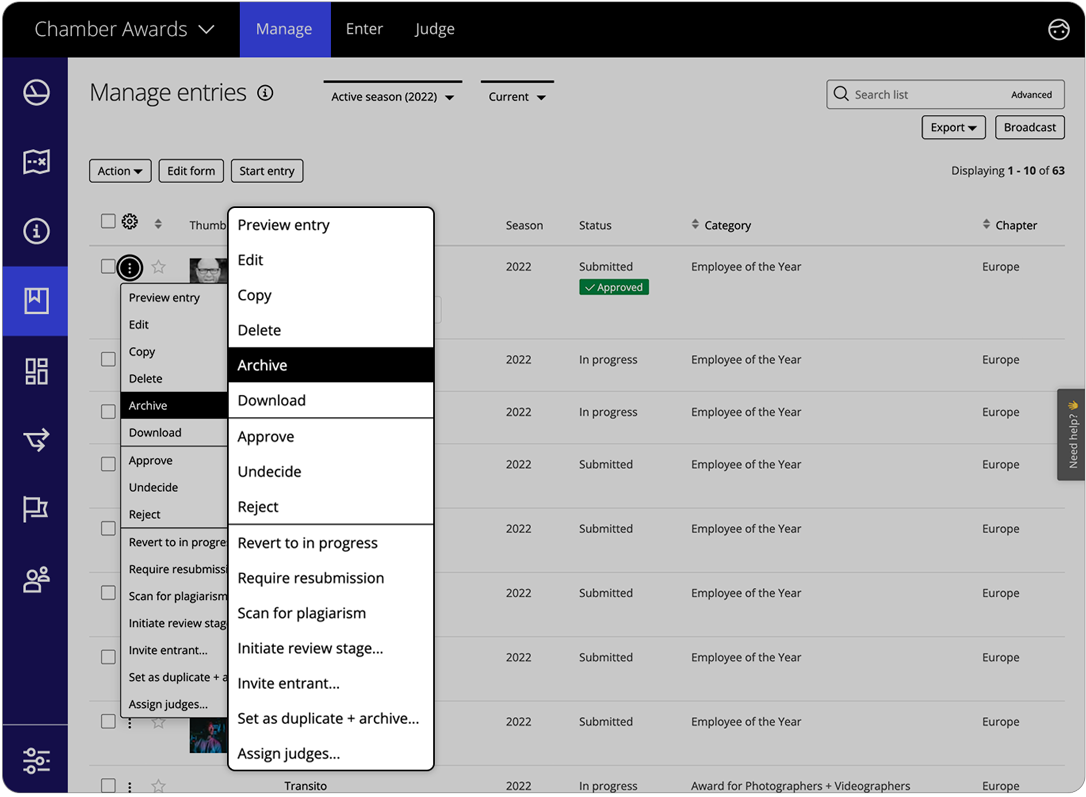 Der Programmmanager kann die Einreichung über das Überlaufmenü kopieren, löschen und archivieren.
