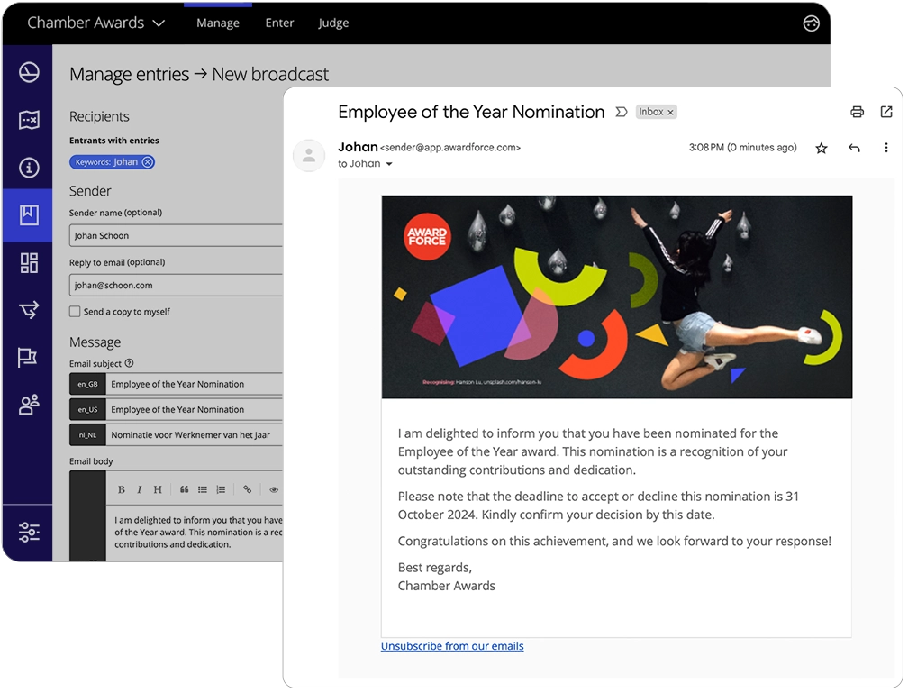 In Award Force, the program manager can send bulk communications to entrants or judges with the broadcast feature located on the Entries dashboard.