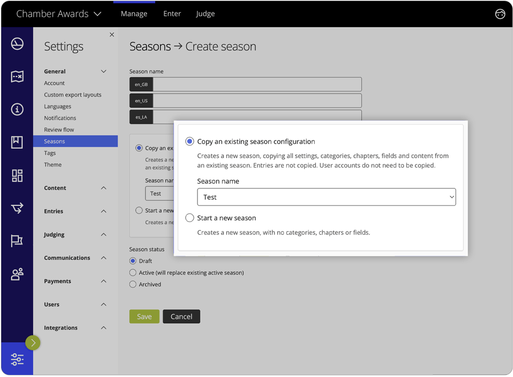 Award Force interface showing that you can copy an existing season when creating a new season within the settings menu.