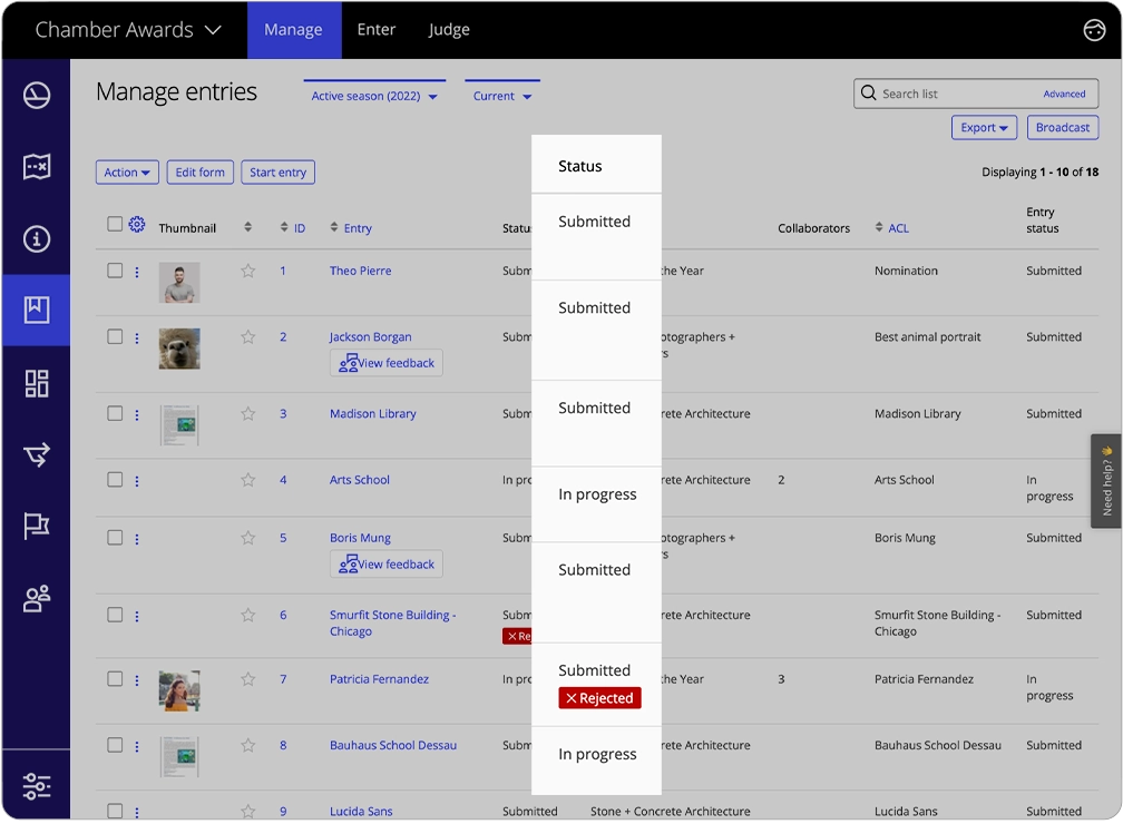 The program manager has a complete overview off the all entries in the Manage entries dashboard.