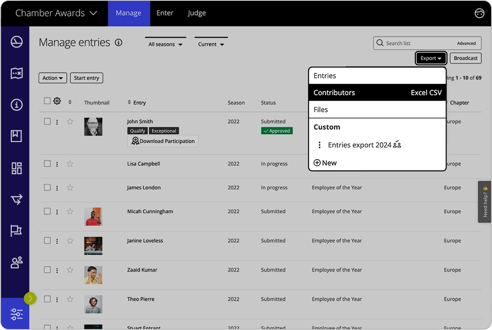 In Award Force, the program managers can export spreadsheet reports from any table in the system in a CSV file format. 