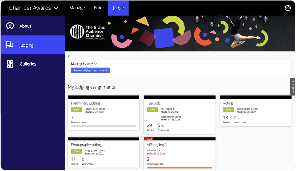 The program manager is able to access the judge's view from the Judge workspace tab.
