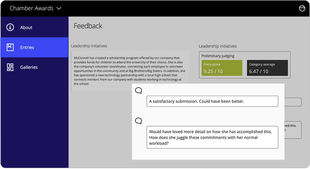 Entrants can see valuable feedback from judges. The program manager has the option to make the feedback anonymous. 
