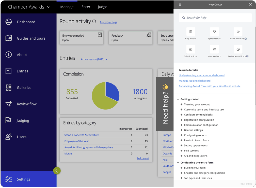 Award Force interface showing the "Need help?" tab opening a tray to the Help Center directly within the program.