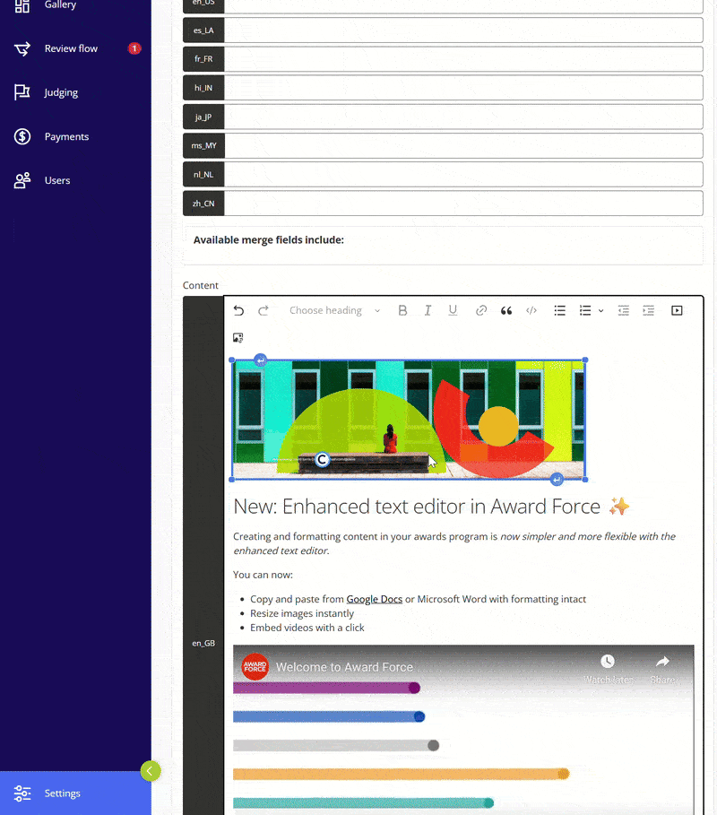 Award Force-Oberfläche mit dem erweiterten Texteditor