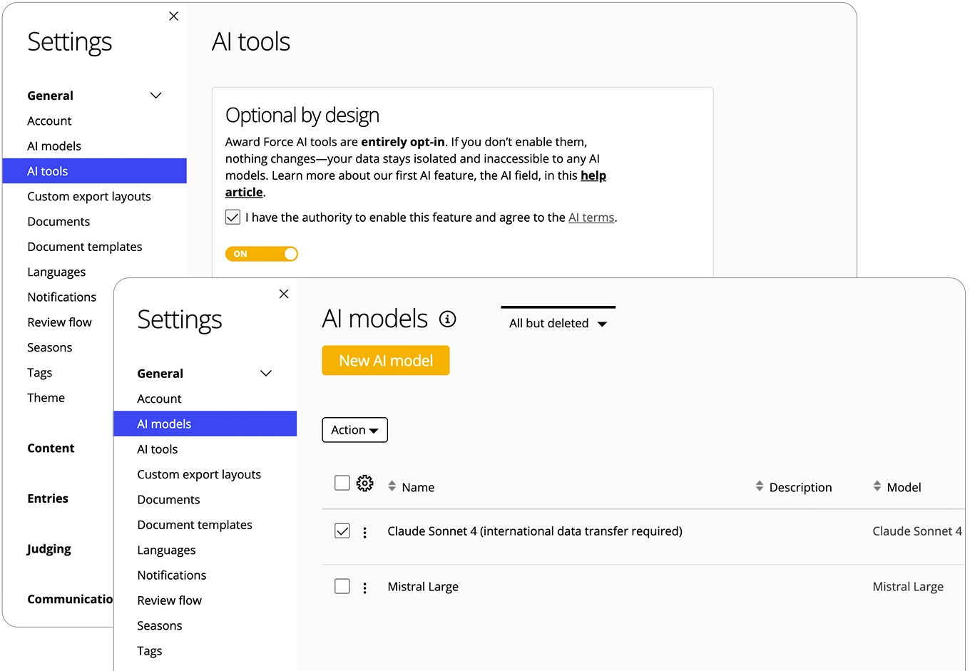 Award Force interface showing that the manager have the option to turn the AI tools on or off and can select different AI models.