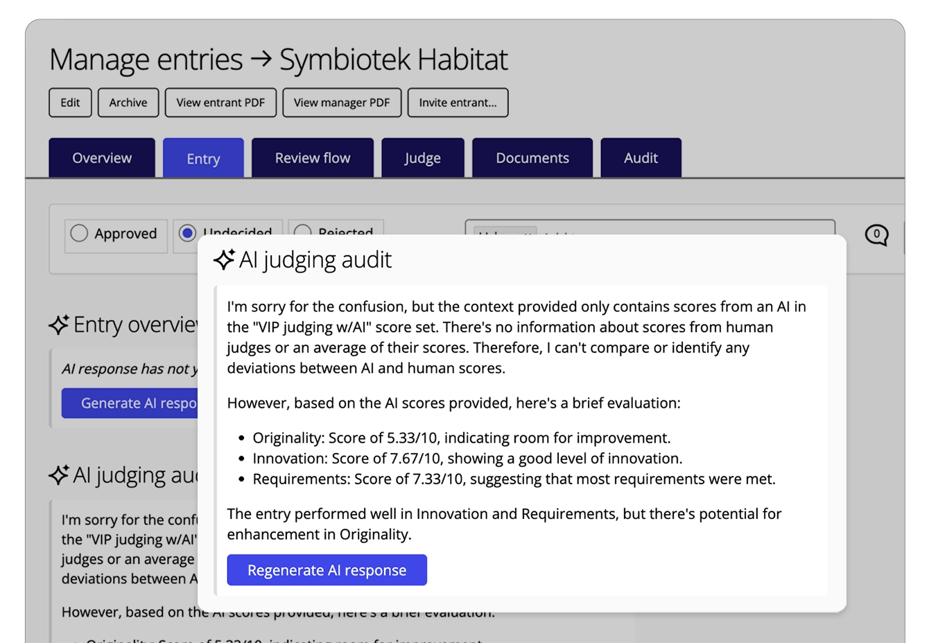Award Force interface showing the AI generated response for the Judging audit field.