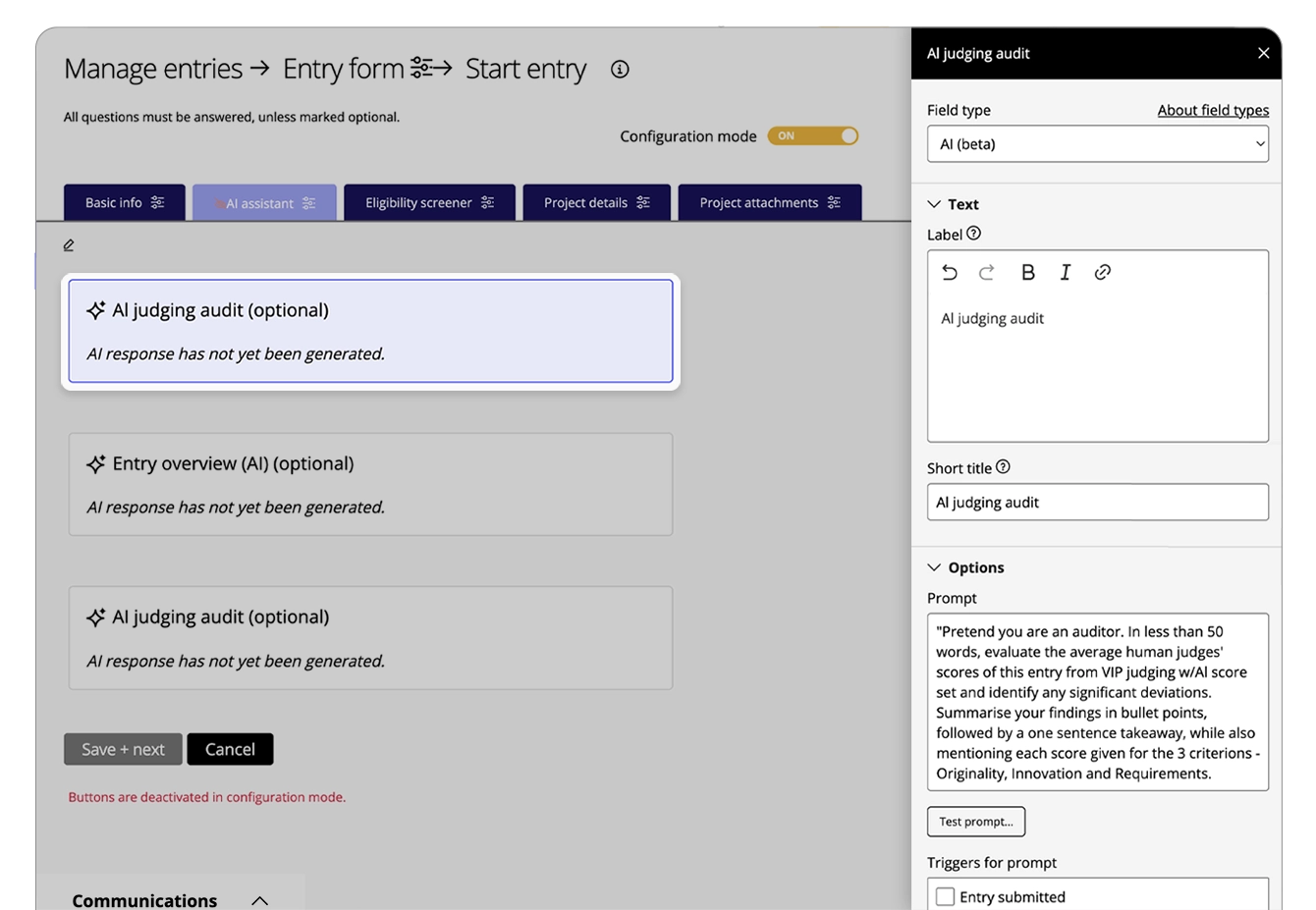 Award Force interface showing a manager adding and configuring an AI field within the form settings.