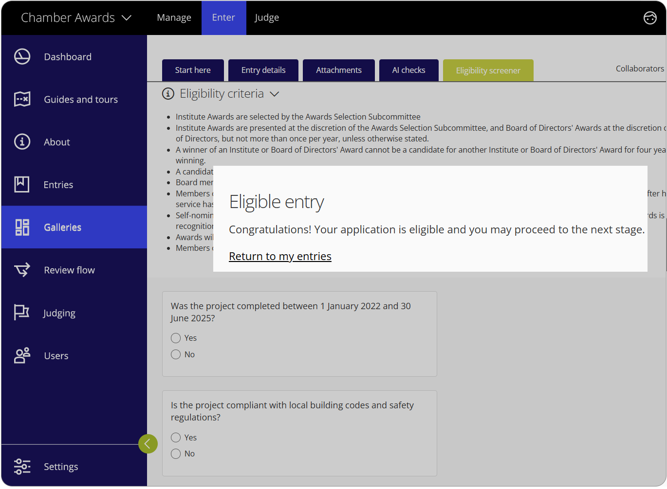 Die Award Force-Plattform zeigt den Teilnehmenden die Bestätigungsmeldung zur Teilnahmeberechtigung an