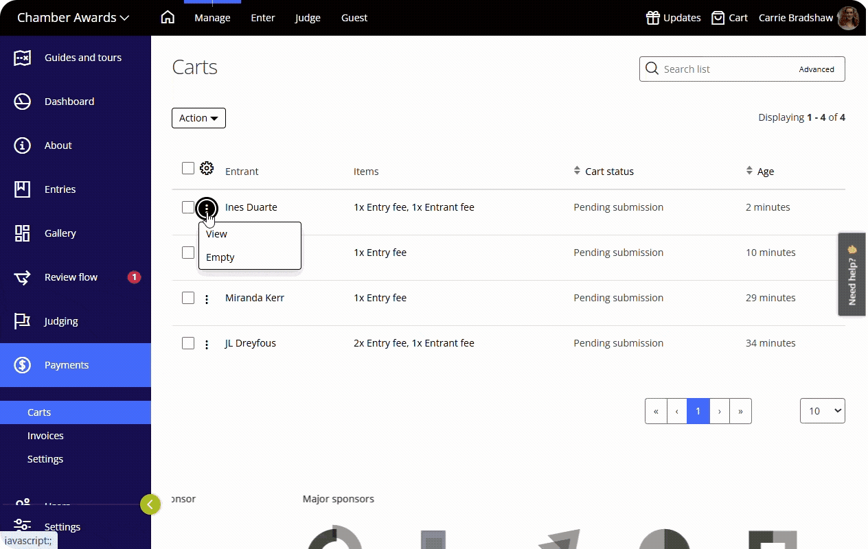 Award Force-Benutzeroberfläche mit den Listenansichten für Warenkörbe und Rechnungen. 