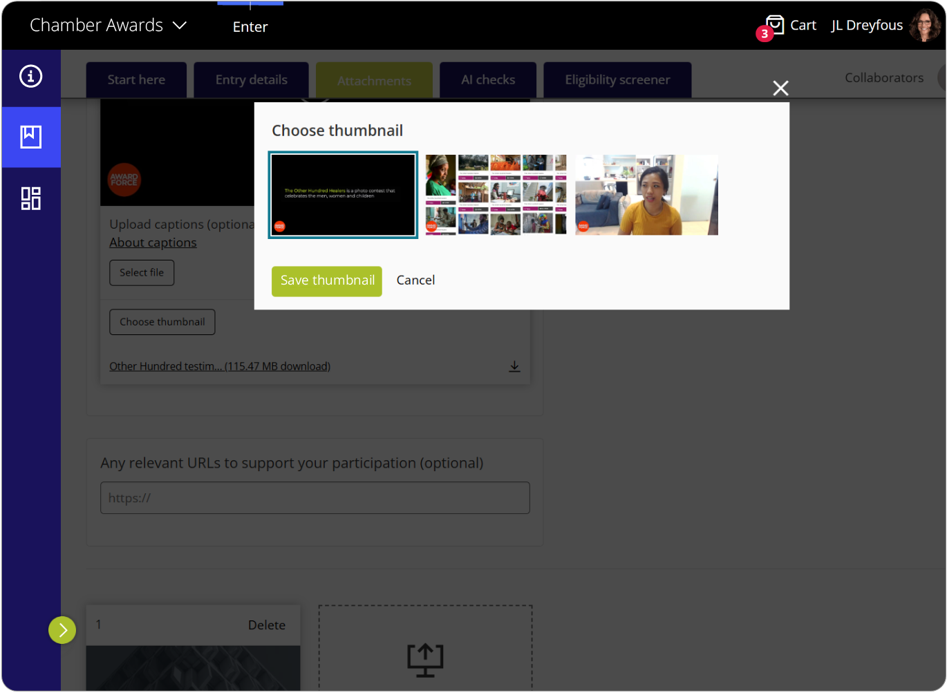 Award Force interface showing entrant selecting their preferred thumbnail